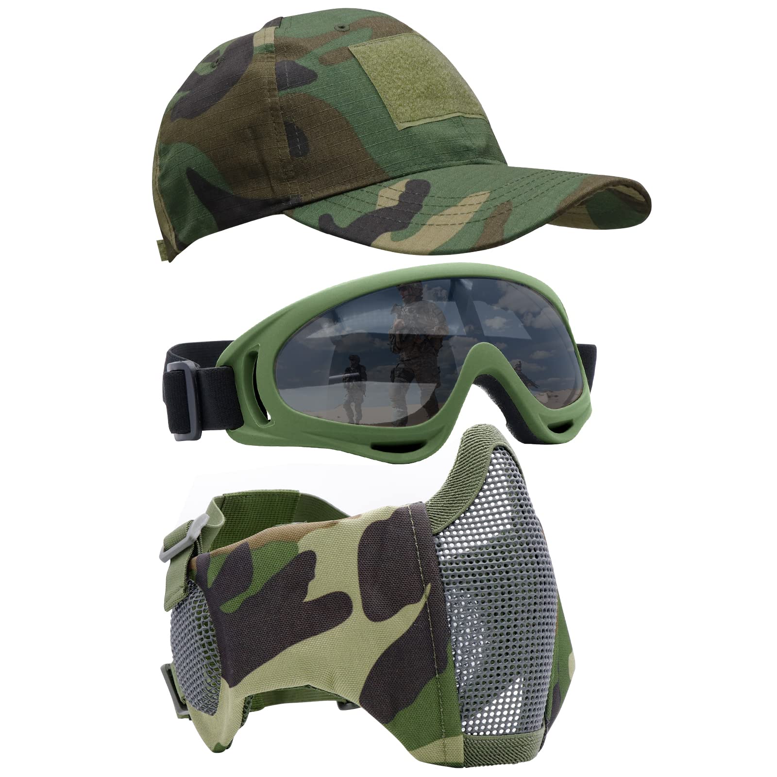Yzpacc Airsoft Half Face Mask with Goggles& Patch Hat Set, Tactical Masks Full Face Ear Protective Baseball Cap for CS Halloween and Game (WL, 3PCS)