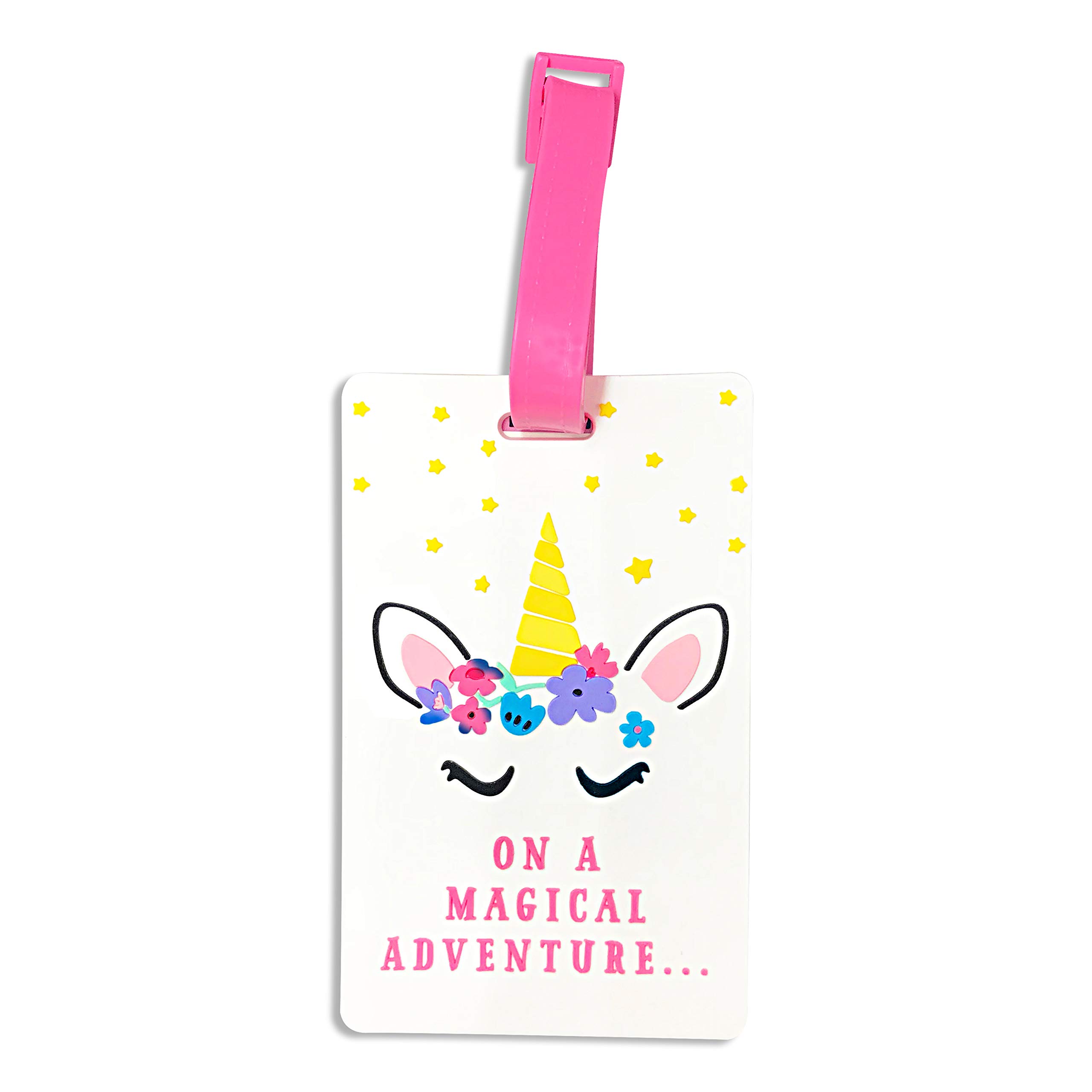 Huxters Pink Unicorn Luggage Labels | 10.5cm x 6.5cm Double Sided | Kids Suitcase Straps | Travel Accessories | PVC Bag Tags
