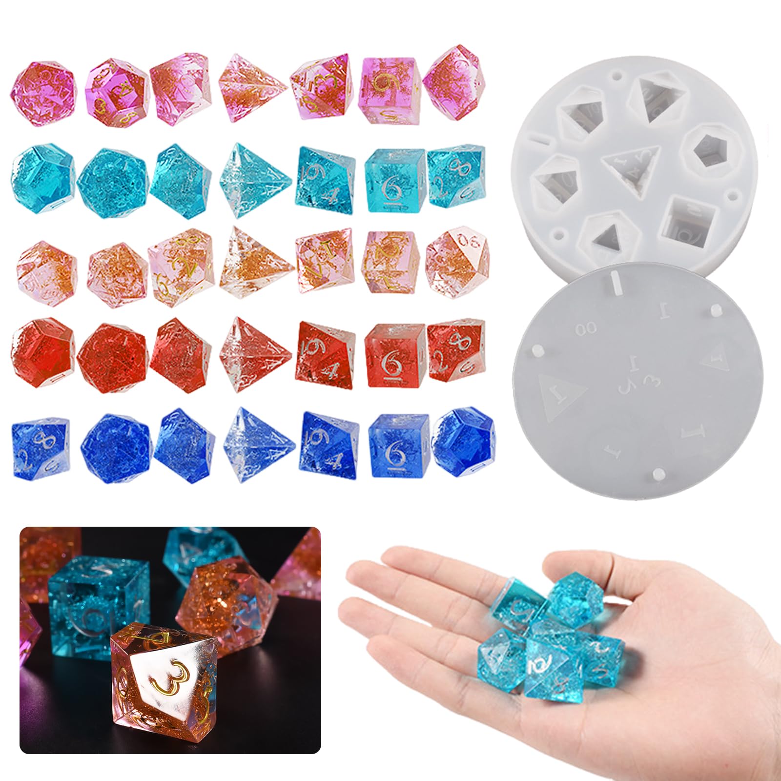 Silicone Dice Moulds, Polyhedral Dice Mold 7 Shapes Silicone Dice DND, Game Dice Moulds DIY Table Board Game with 2 Cup and Mixing Tool for DIY