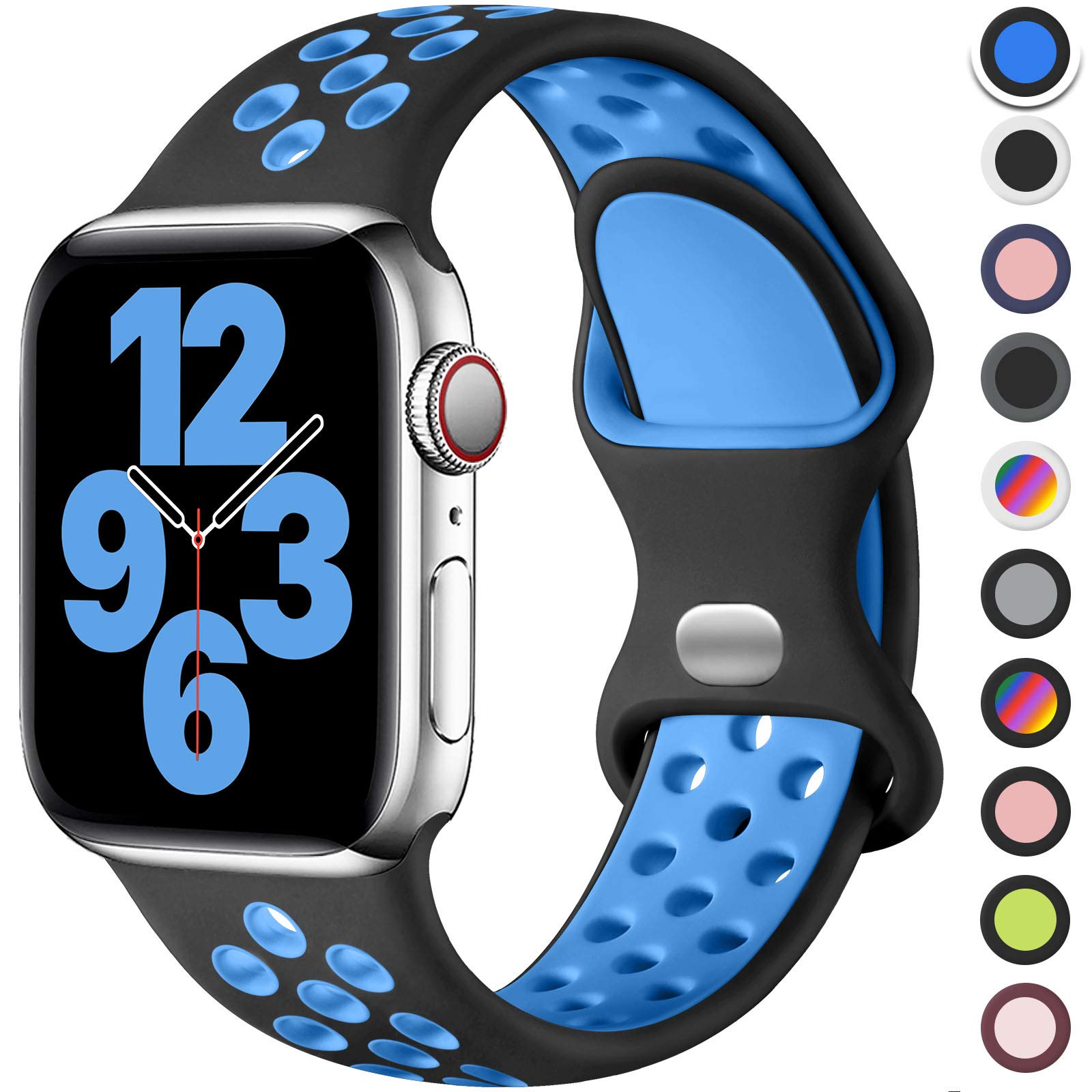 Upeak Sport Strap Compatible with Apple Watch Strap 40mm 38mm 41mm 42mm 44mm 45mm 46mm 49mm, Breathable Silicone Double Hole Band for iWatch Strap Series 11 10 9 8 7 6 5 4 2 1, SE 3, S, Black/Blue