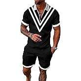 BIRW L Black and White V Mixed Mens Short Sets 2 Piece Outfits Fashion Summer Tracksuits Casual Set Polo Shirt Short Sleeve and Shorts Set