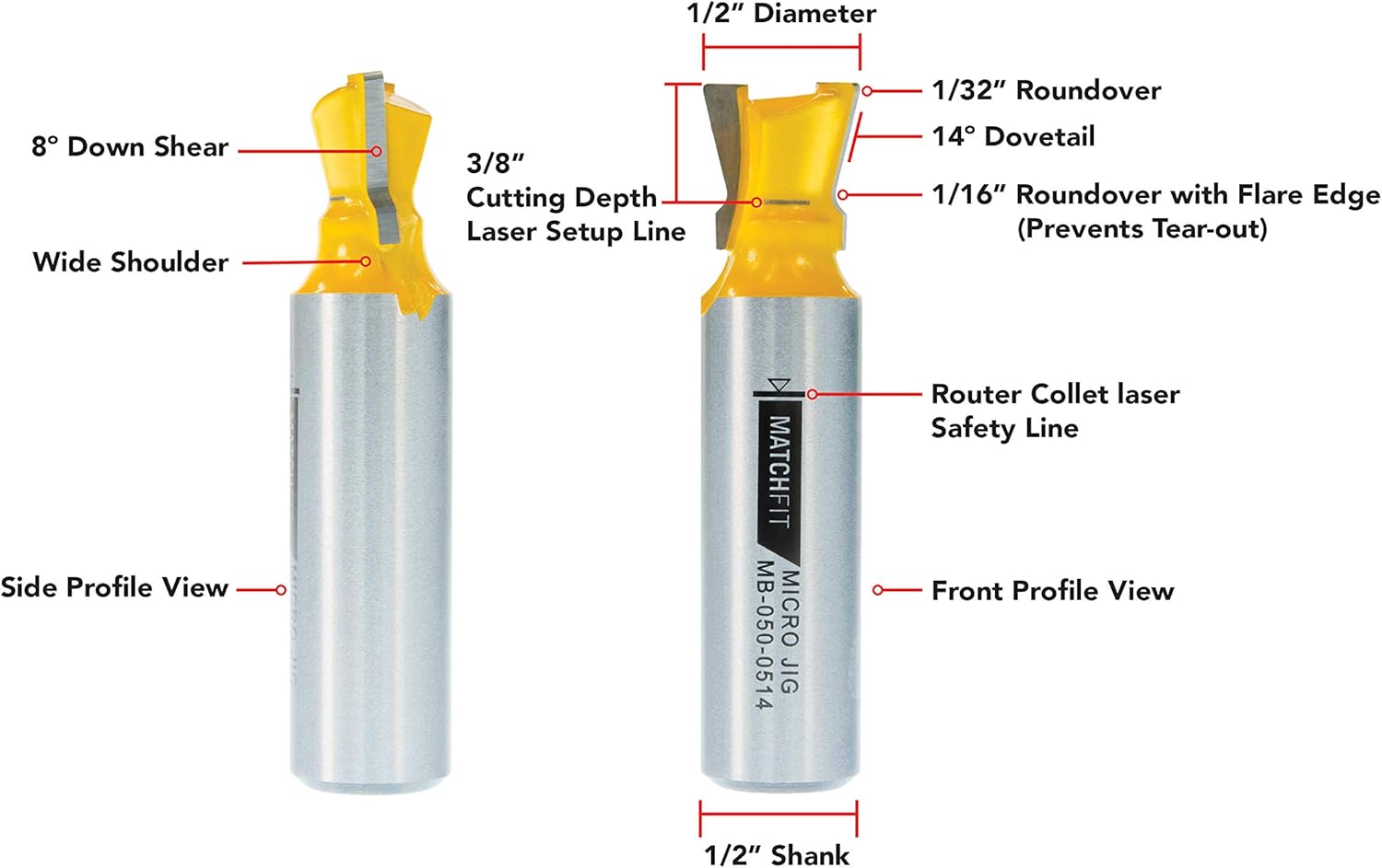 Micro Jig MB0500514 MATCHFIT Dovetail Router Bit For Dovetail Clamps