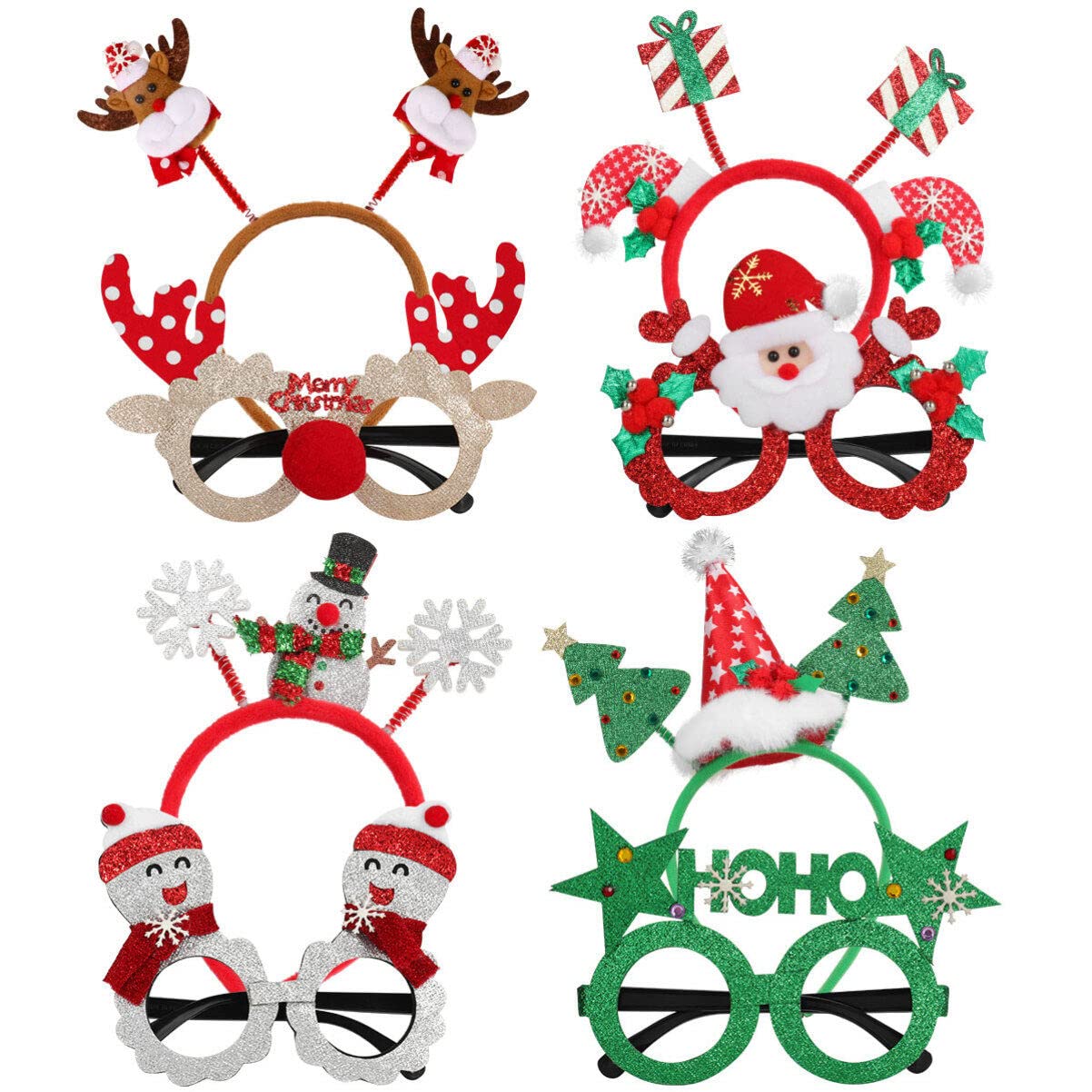 TOYANDONA Christmas 4 Glasses Frames Glitter 4 Headbands Photo Booth Props Party Decorations Eyewears and Hair for Banquet Festival Christmas