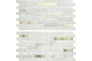AULIGET 2 Sheets Faux Stone Peel and Stick Backsplash, Beige Stone Look PVC Wall Tile Stick on Backsplash for Kitchen and Bat