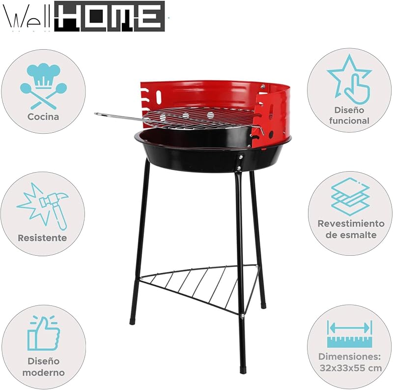 Well Home Barbacoa de 3 patas con Parrilla cromada en color negro 32x33x55cm