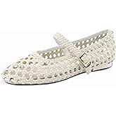 MALUQASS Woven Flats for Women Mary Jane Ballet Flats Shoes with Adjustable Buckle Strap, Hidden 0.6 Inch Heel,Memory Foam, Faux Leather, Soft Comfy Dressy Shoes