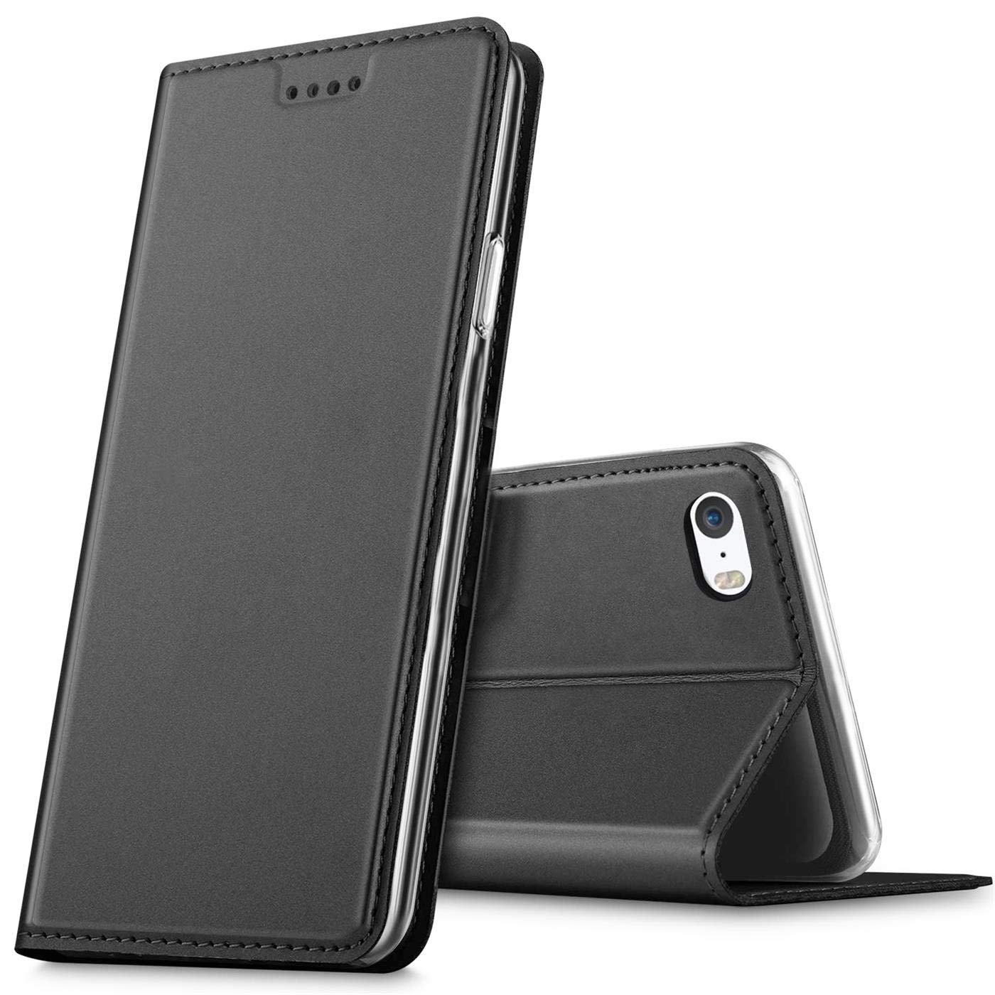 Verco Case compatible with Apple iPhone SE, Flip Wallet Cover with Magnetic Closure for iPhone 5 / 5S Phone Case - black