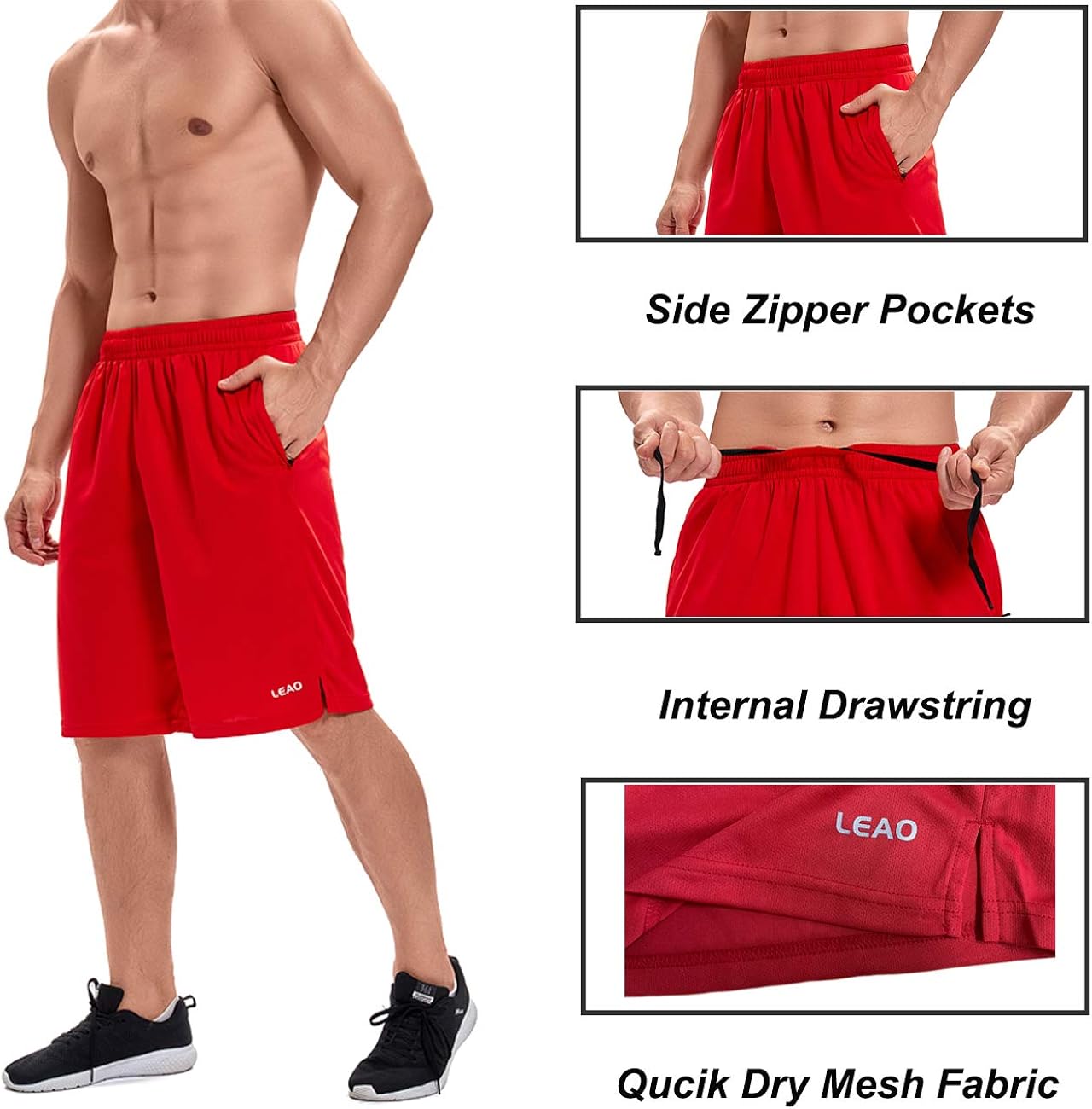 LEAO Men's Basketball Shorts with Zipper Pockets Quick Dry Loose-fit Sports Workout Running Shorts: Clothing
