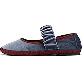 Tracieshoes Women's Velvet Mary Jane Flats Round Toe Ballet Shoes Wide Strap Design with Burgundy Trim