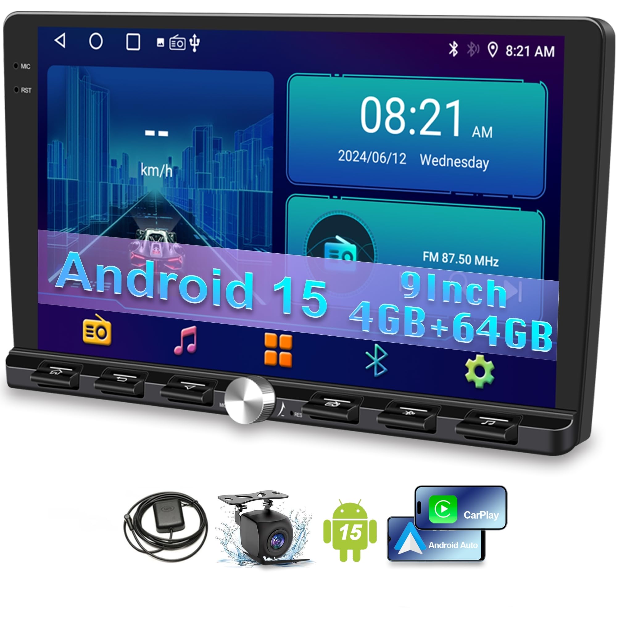 Photo 1 of [4+64GB] 9“ Double Din Car Stereo Android 15 Apple CarPlay Android Auto Radio, 9 Inch IPS 1280 * 720 Touchscreen with GPS, Bluetooth 5.2 FM Radio DSP Audio 1080P Backup Camera, WiFi Google Play