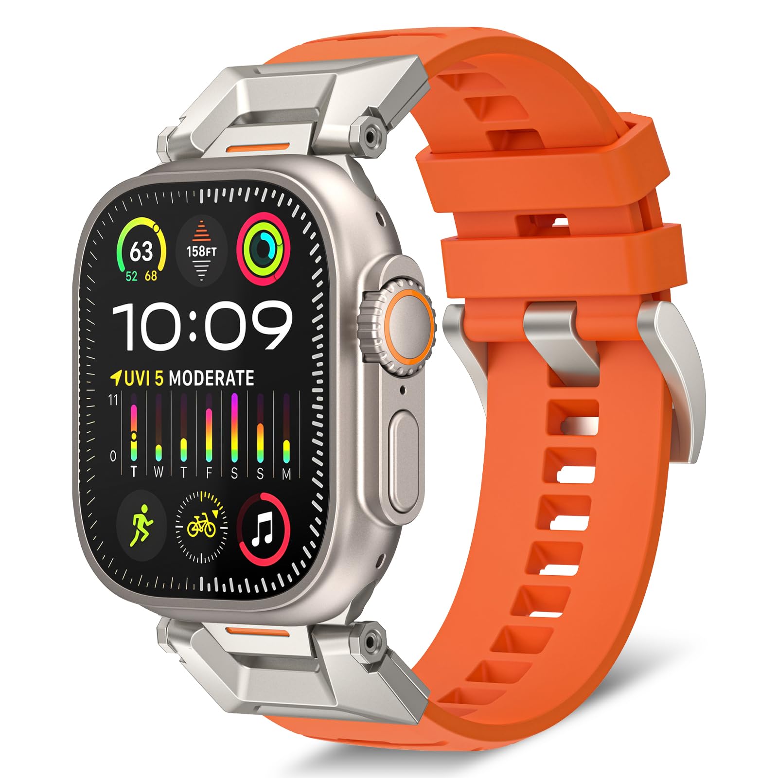 RoYiio Strap for Apple Watch Ultra 3/2 49mm Band Stainless Steel & Fluoro Rubber Strap for Apple Watch Series 11/10 46mm, Series 9/8/7 45mm, Series 6/5/4/SE 3/SE 2 44mm, Series 3/2 42mm - Orange