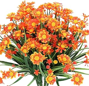 TEMCHY Artificial Daisies Flowers Outdoor UV Resistant 4 Bundles Fake Foliage Greenery Faux Plants Shrubs Plastic Bushes for Window Box Hanging Planter Farmhouse Indoor Outside Decor(Orange Red)