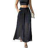 heipeiwa Women's Chiffon Pleated Wide Leg Palazzo Pants Crop Capris Culotte Dressy Casual Pants
