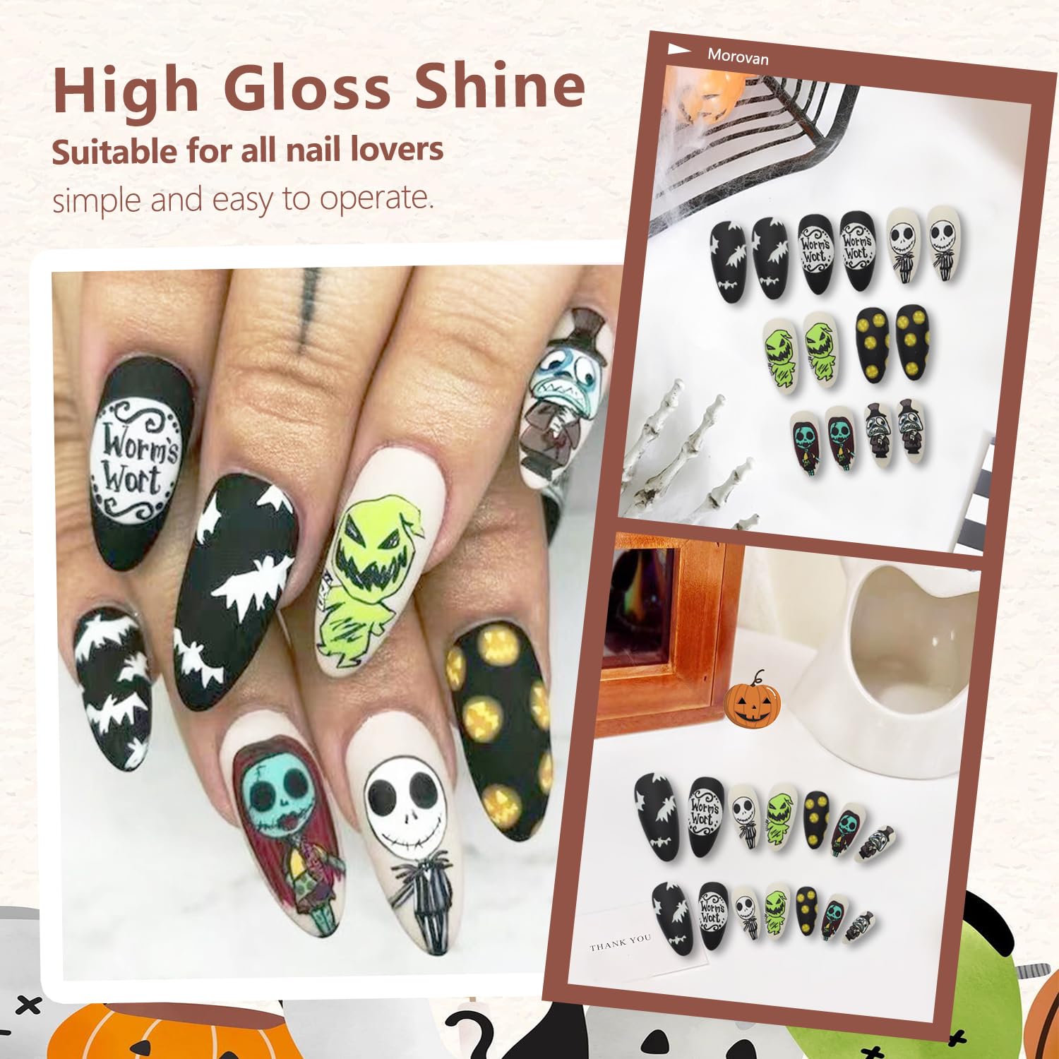 Halloween Press on Nails Almond Medium Length Fake Nails Matte False Nails with Skull Pumpkin Bats Designs Scary Nightmare Before Christmas Nails Full Cover Acrylic Glue on Nails for Women Manicure - Image 2