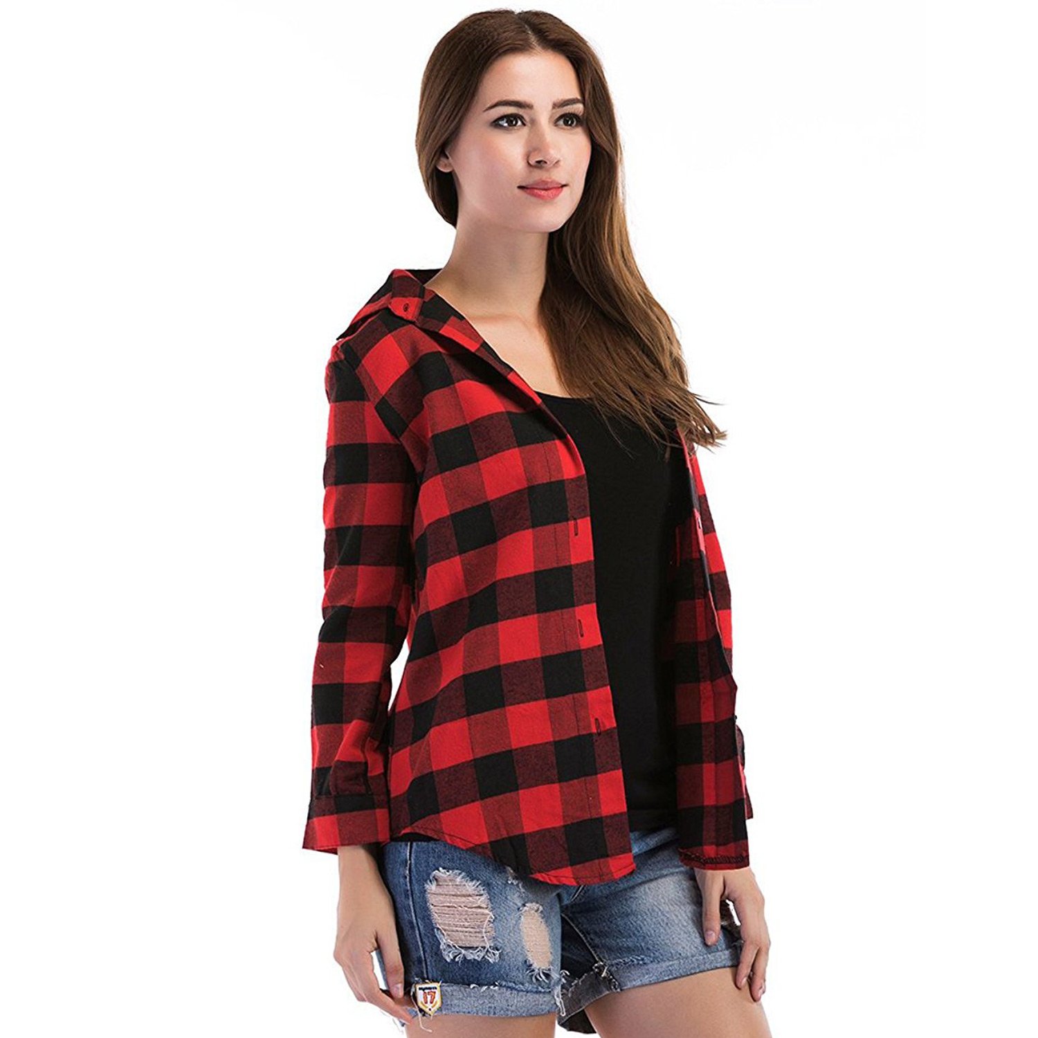 c.cozami women's long sleeves casual white/black/red checkered shirt