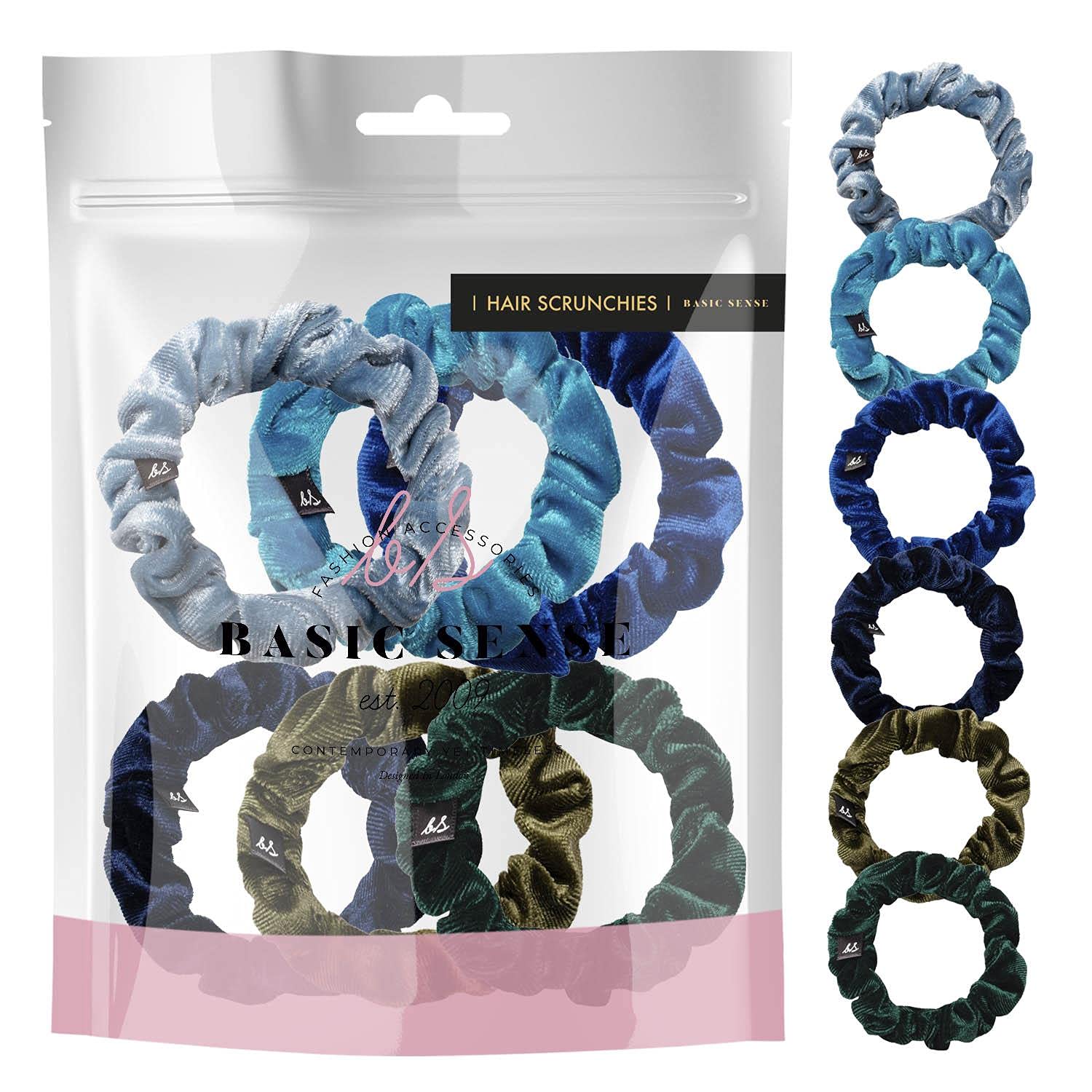 Basic Sense Velvet Skinny Scrunchie, Durable Small Hair Ties, Elastic Scrunchies, Ponytail Holder, Scrunchy for Women Girls, Blue Assortment