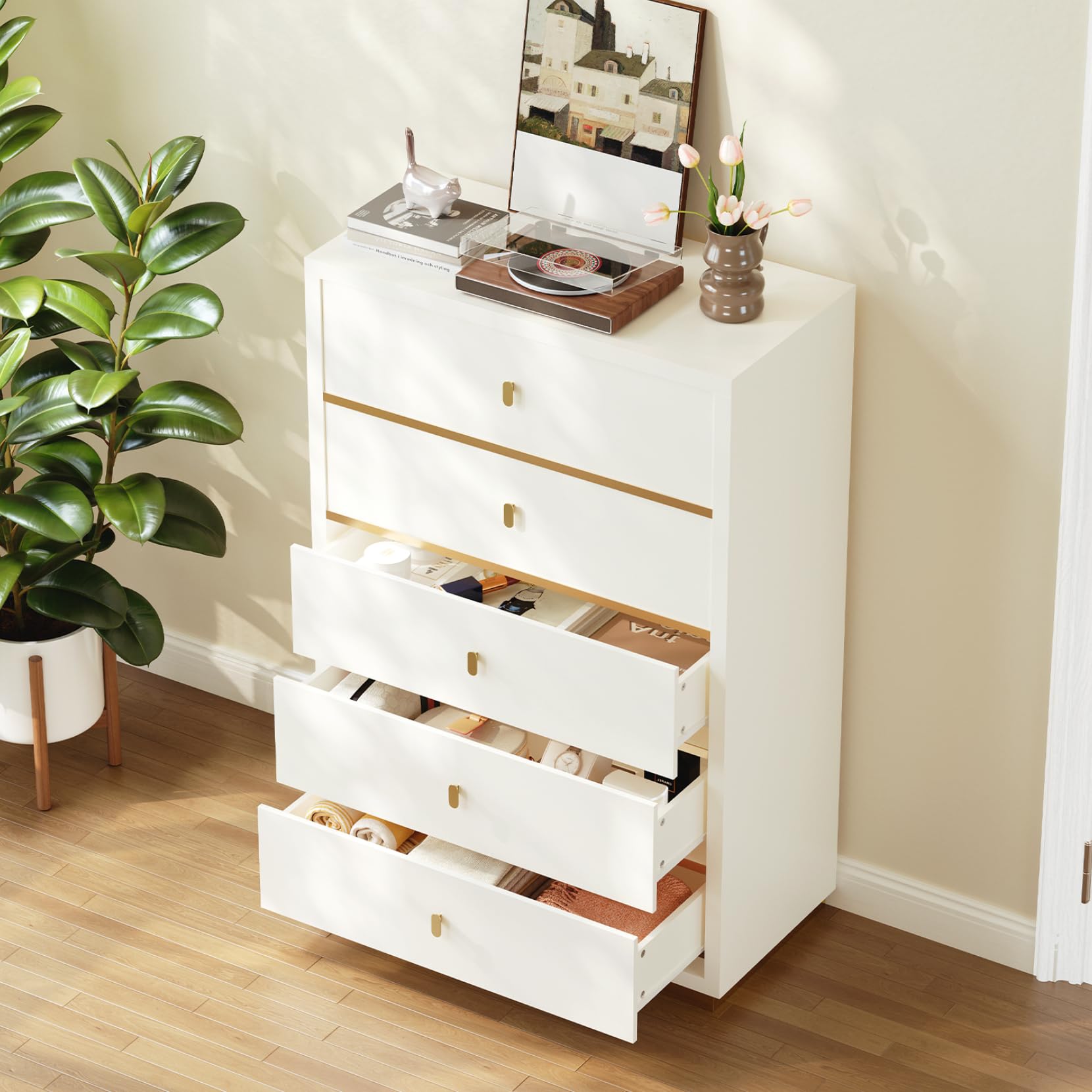 Photo 1 of ****MINOR DENT, PLEASE SEE PICTURE FOR REFERENCE***Concho Dresser for Bedroom with 5 Drawers, Wood Tall Chest of Drawers with Large Storage Space, Closet Storage Organizer for Living Room, Bedroom, Hallway, Closet, White