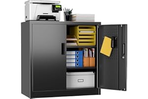 JAORD Metal Storage Cabinet, Garage Storage Cabinet with 2 Lockable Doors and 2 Adjustable Shelves, Steel File Cabinets with Lock and Pegboard for Home, School, Office, Garage, Black