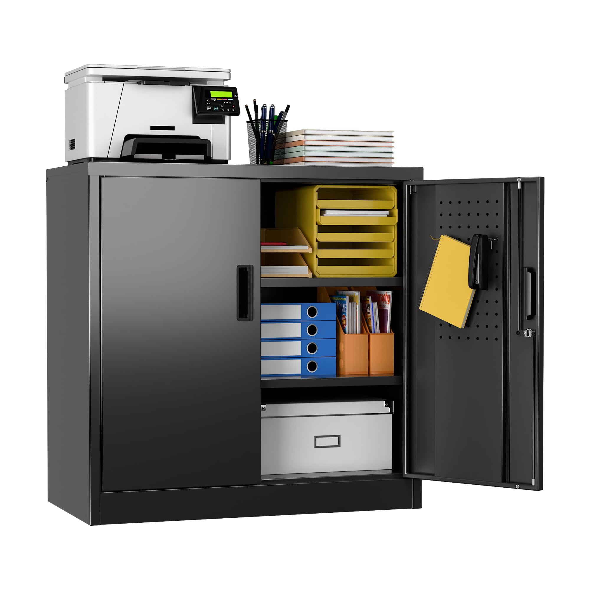 Photo 1 of Metal Storage Cabinet, Garage Storage Cabinet with 2 Lockable Doors and 2 Adjustable Shelves, Steel File Cabinets with Lock and Pegboard for Home, School, Office, Garage, Black