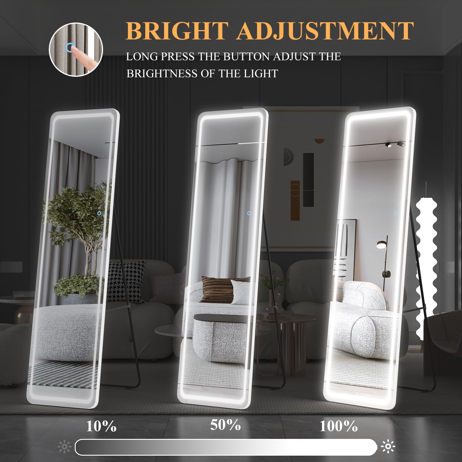 EDTEMI Full Length LED Mirror - 71x28 Inch, Standing Floor Or Wall Mount, 3 Color Modes, Dimmable, Shatterproof