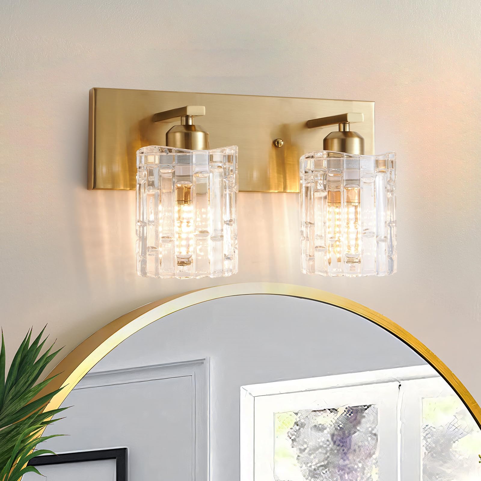 Photo 1 of SANKERFAN Brushed Gold Crystal Bathroom Vanity Light,2 Lights Modern Bathroom Wall Light,Over Mirror Light Fixtures for Living Room, Bedroom, Hallway