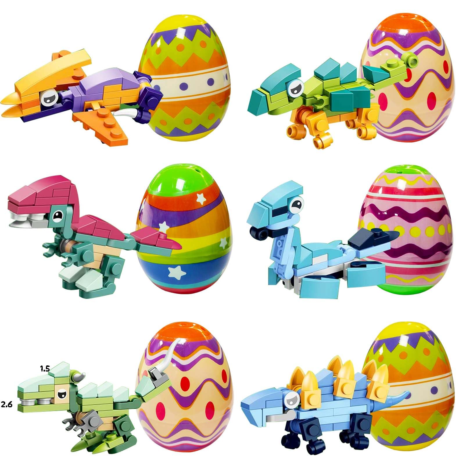 eboozone Easter Eggs Fillers, 6Pcs Prefilled Easter Eggs with Dinosaur Building Blocks Toys, Easter Basket Stuffers for Kids Teens Boys Girls, Classroom Treasure Box, Party Favors for Egg Hunt