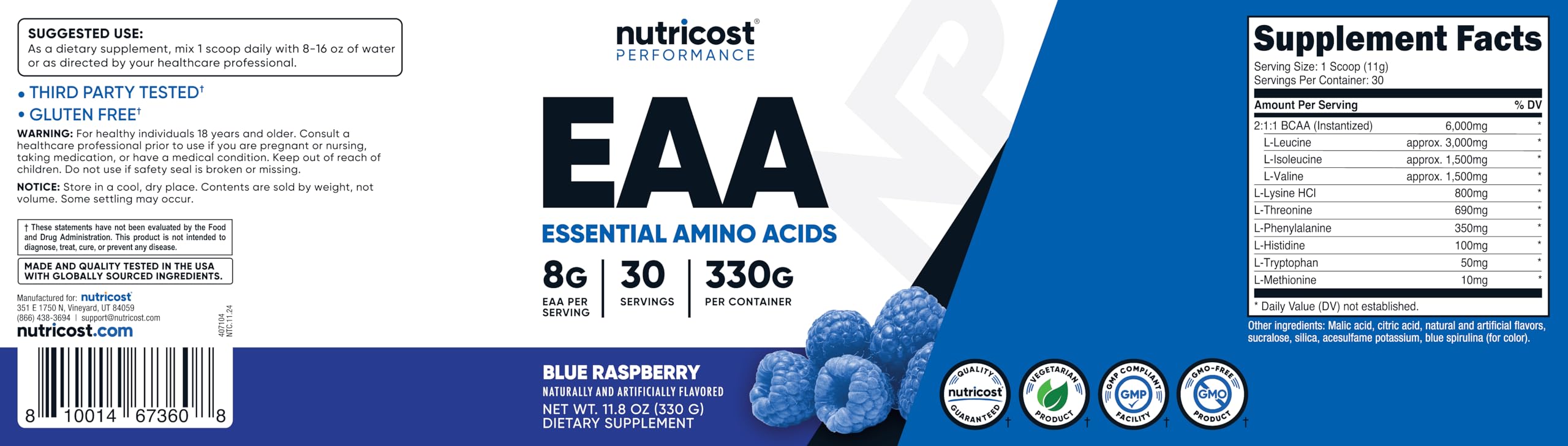 Nutricost EAA Powder 30 Servings (Blue Raspberry) - Essential Amino Acids - Non-GMO, Gluten Free, Vegetarian Friendly