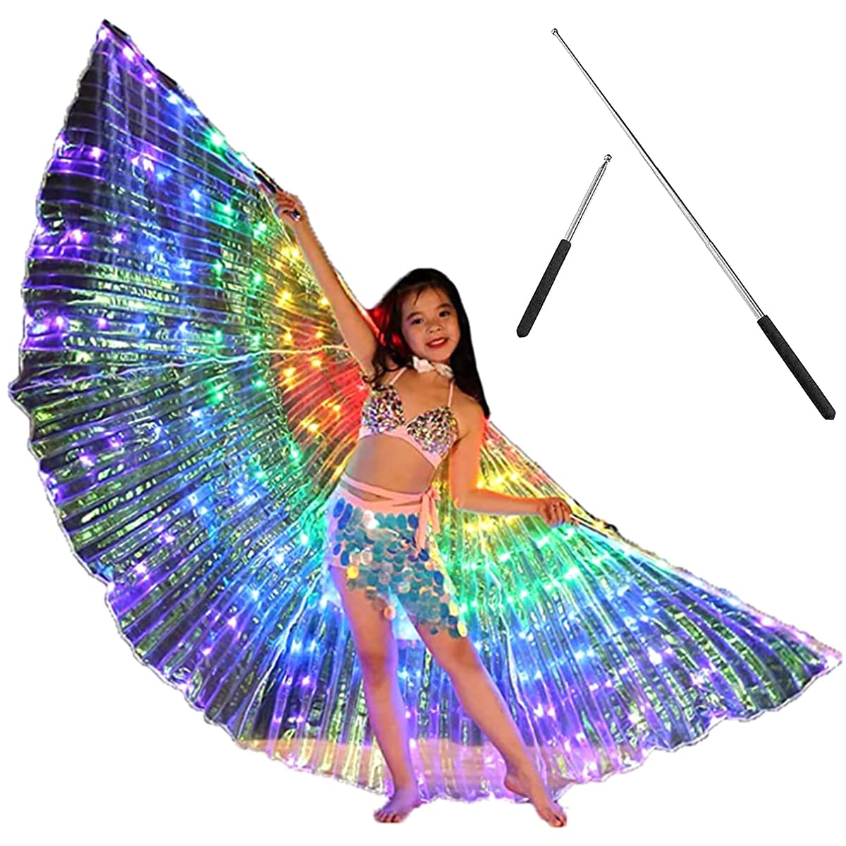 LED Isis Wings Belly Dance Wings Colorful LED Butterfly Wings with Telescopic Sticks Glowing Light Up Costume Performance Clothing for Carnival Stage Christmas Halloween Party Cosplay (Children)