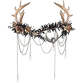 MOSTORY Woodland Fairy Antler Crown - Flower Deer Antler Elf Crown with Tassel for Renaissance Renfaire Women Fantasy Cosplay