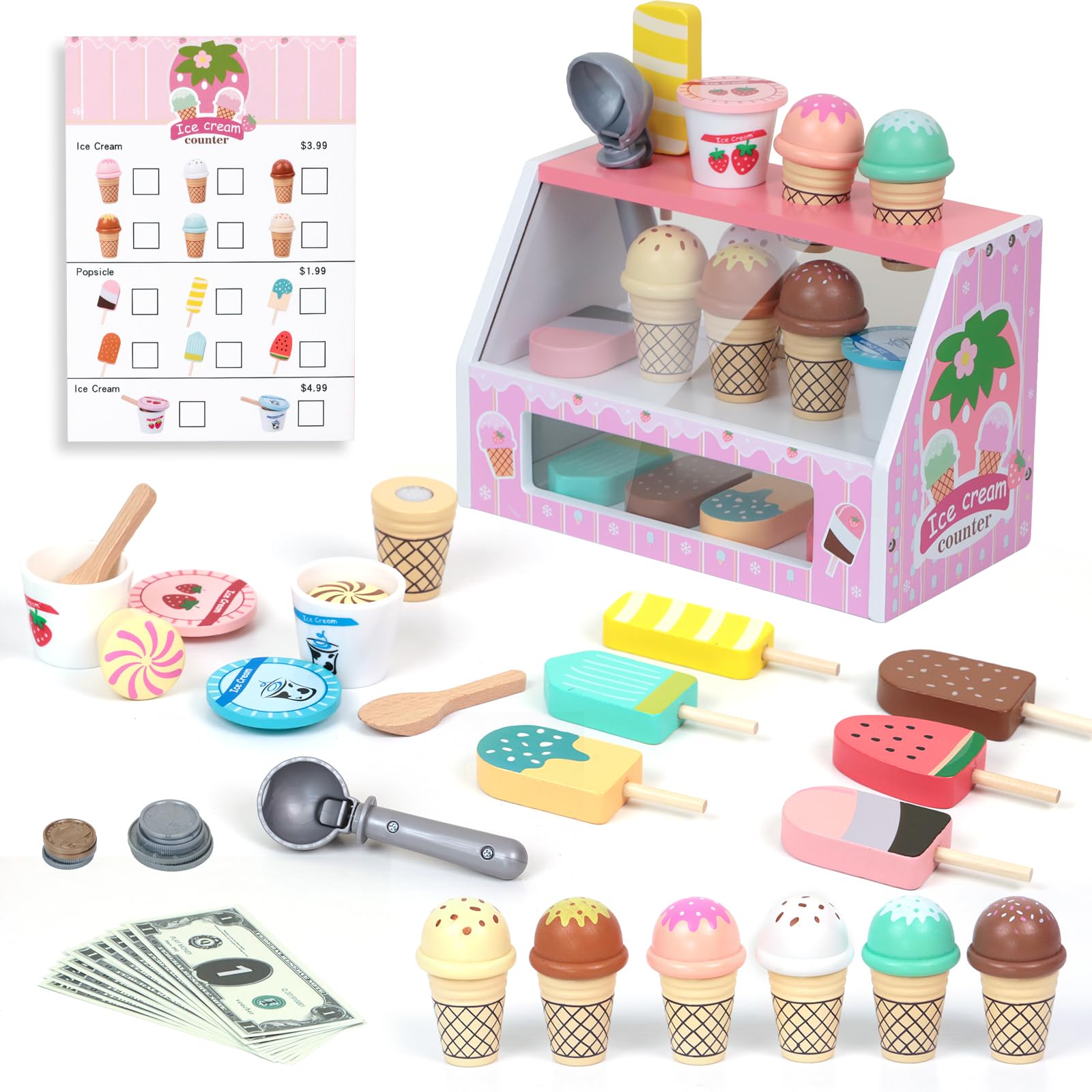 EVERGD Wooden Ice Cream Counter Shop Playset Toy for Kids, Play Food Dessert Toy Set for Pretend Role Play Kitchen Toy, Safe Natural Wooden Toy Gift for 3 Years Old Boy or Girl (Pink) — image 1