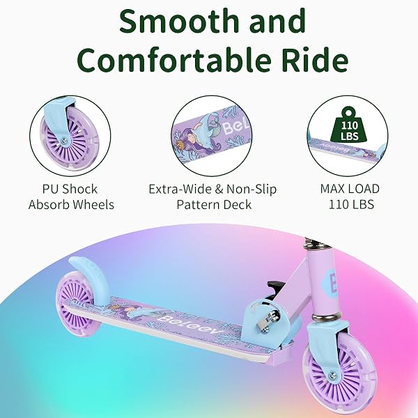 BELEEV SCOOTERS FOR KIDS AGES 3-12 WITH LIGHT-UP WHEELS & STEM & DECK, 2 WHEEL FOLDING SCOOTER FOR GIRLS BOYS, 3 ADJUSTABLE HEIGHT, NON-SLIP PATTERN DECK, KICK SCOOTER FOR CHILDREN (PURPLE)