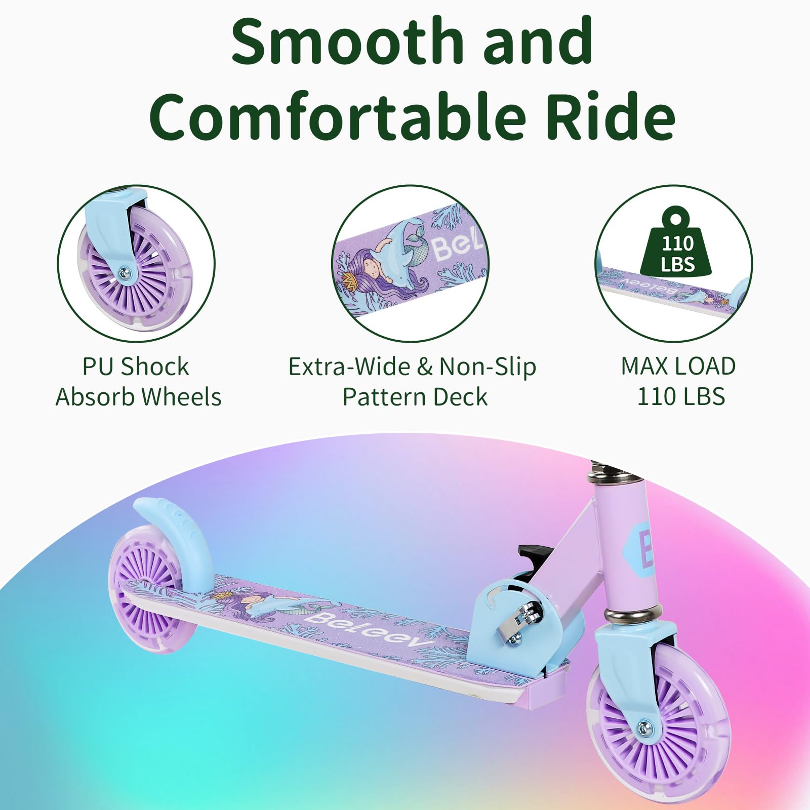 BELEEV V2 Scooters for Kids with Light-Up Wheels & Stem & Deck, 2 Wheel Folding Scooter for Girls Boys, 3 Adjustable Height, Non-Slip Pattern Deck, Lightweight Kick Scooter for Children Ages 3-12