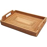 Rattan Tray, YACEYACE Woven Tray with Handles Bulk, Rectangular Small Rattan Serving Trays for Home, Ottoman, Coffee Table, 13.3" H x 9.4" L x 1.6" W
