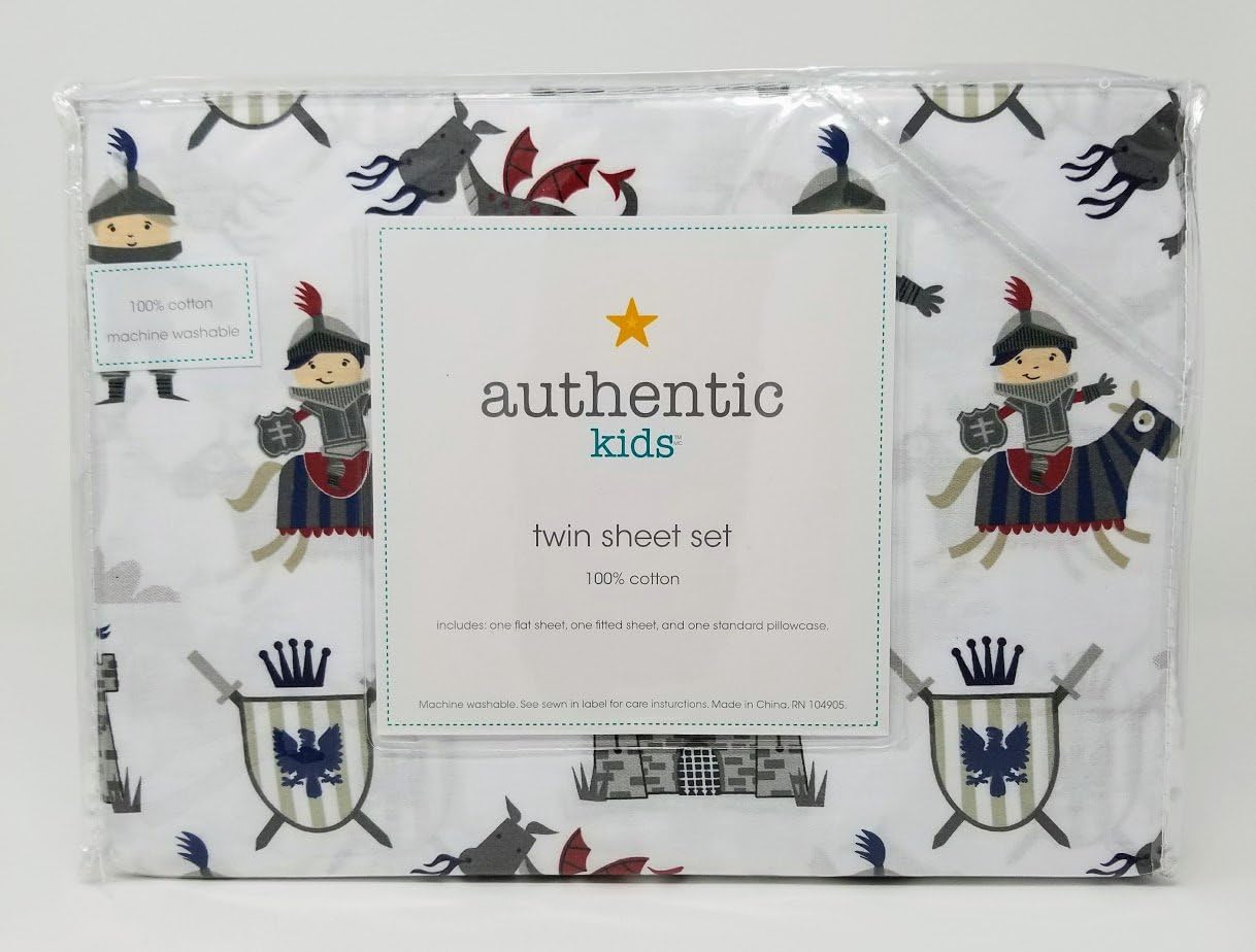 Authentic Kids 3 Piece Twin Sheet Set - Dragons, Knights, Medieval in 100% Cotton
