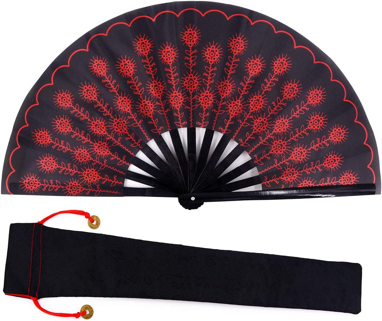 Amajiji Large Peacock Rave Hand Fans, Chinease/Japanese Nylon-Cloth Hand Folding Fans for Women/Men, Fabric Case for Protection, Festival Gift Fan Craft Fan Folding Fan Dance Fan (Red)