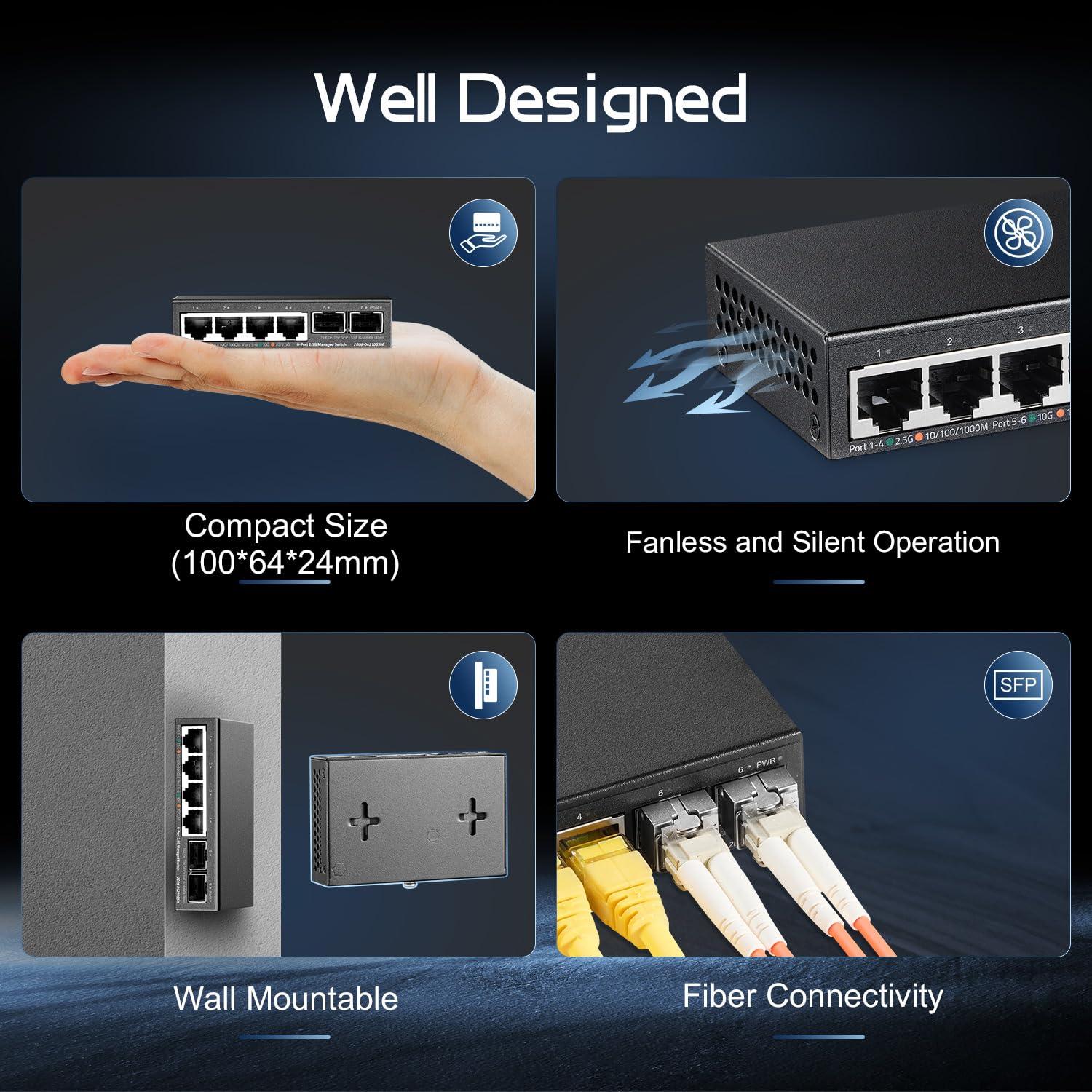 Binardat 4 Port 2.5G Web Managed Switch mit 2x10G SFP, Ultra-Mini Größe, unterstützt Trunk/LACP/VLAN/QOS, Metall Multi-Gigabit Desktop/Wallmount Netzwerk Switch 5