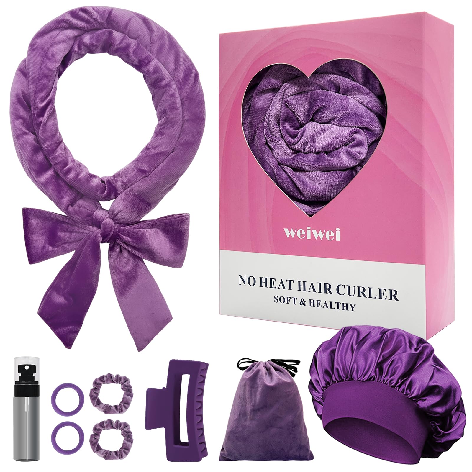 weiwei Heatless Curlers Headband, Heatless Overnight Curls Hair Curlers No Heat, 70" Soft No Heat Hair Curlers, 9 PCS Curling Rods Gift Set for Women Long Wave Hair Volume -Purple