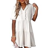 Dokotoo Women's V Neck Short Sleeve Tiered Ruffle Mini Skater Dress Casual Summer Swing Tunic Dress