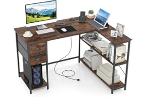 Giantex 48" L Shaped Desk with Charging Station, Corner Computer Desk with 2 Fabric Drawers, Storage Shelves, Gaming Desk wit