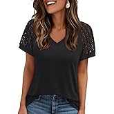 AUTOMET Womens Summer Short Sleeve T Shirt 2026 Spring Vacation V Neck Tops Lace Blouses Dressy Casual Fashion Clothes