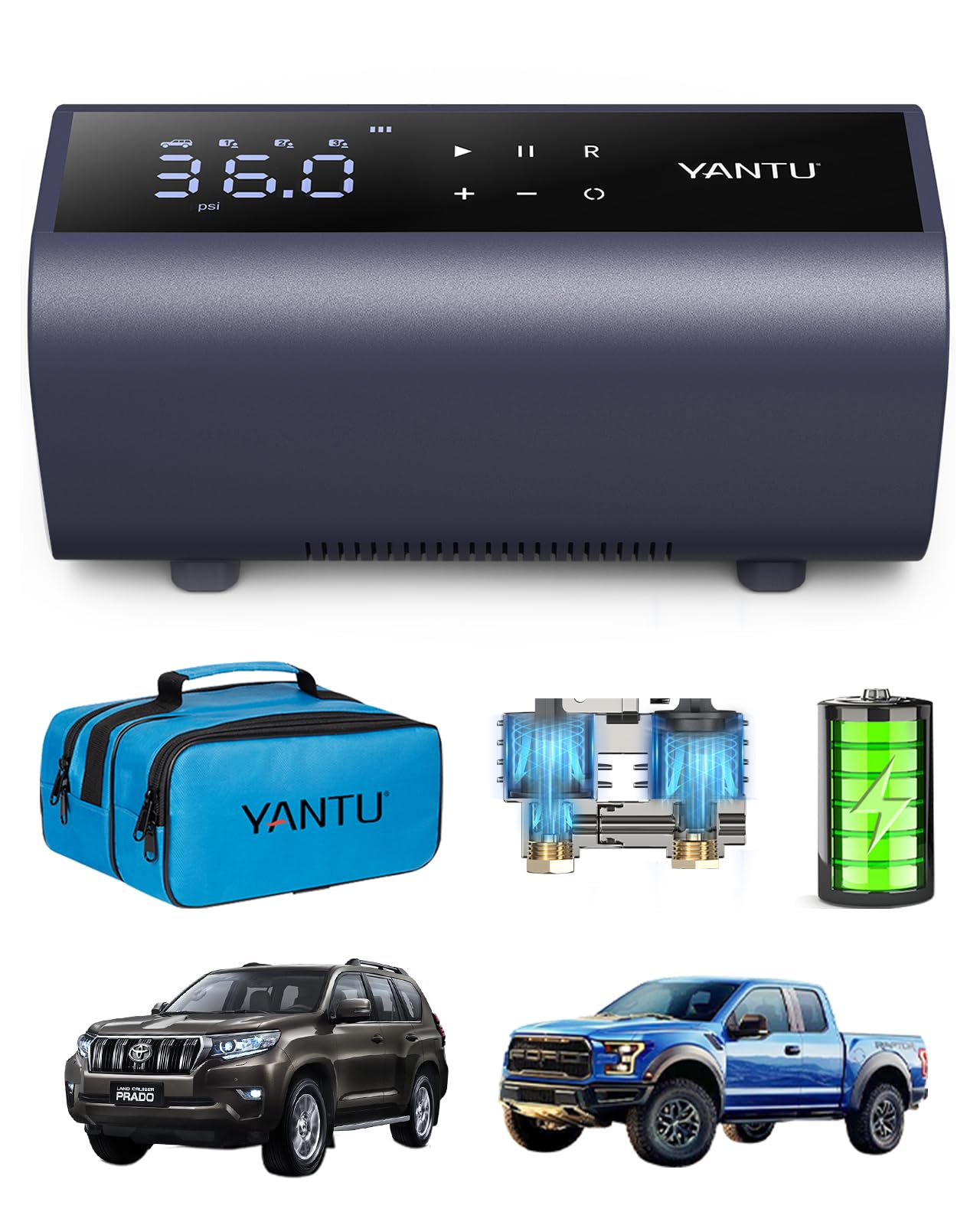 Photo 1 of YANTU Dual Cylinder Tire Inflator Portable Air Compressor with 8.3-Inch Large Digital Screen,12V Cordless/Battery Powered Car Air Pump for Car Tires?Electric Auto Shut Off for Truck/Bike/Pickup/Moto