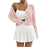 GORGLITTER Women's Crochet Button Up Cropped Cardigan Cute Floral Long Sleeve Knit Sweater Tops Dressy Going Out Outfits