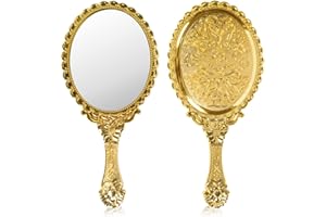 YUSONG Vintage Handheld Mirror for Makeup - Travel Handle Mirrors for Women Gold Embossed Flower Portable Princess Mirror Tabletop Party Classroom