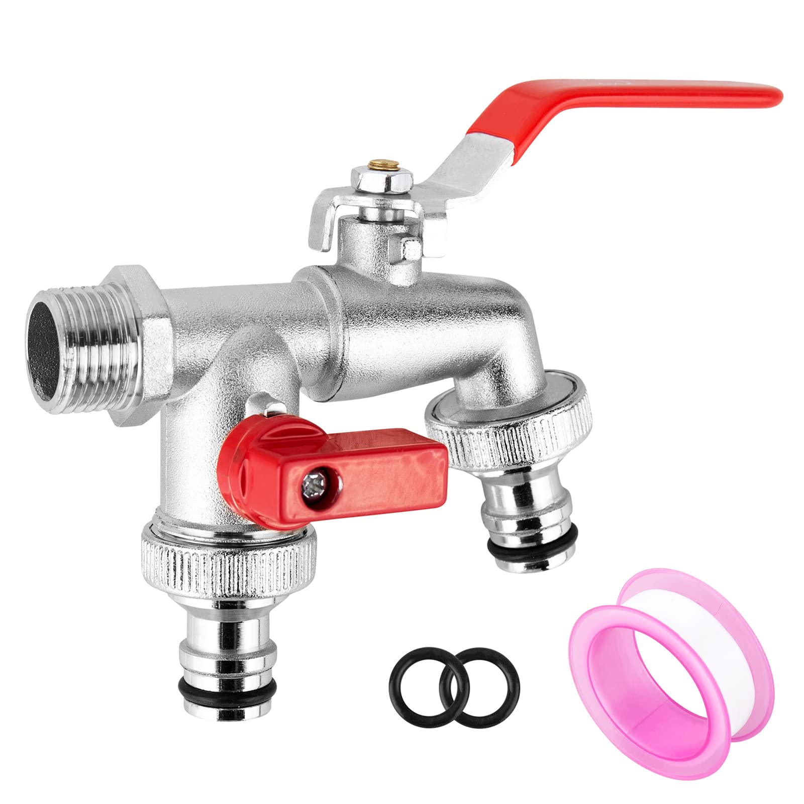 CTDMJ Double Garden Tap with 1/2 inch Red/Brass Water Faucet and 2X3/4 inch Outlet Double Tap Ball Valve Outside Tap (Red)