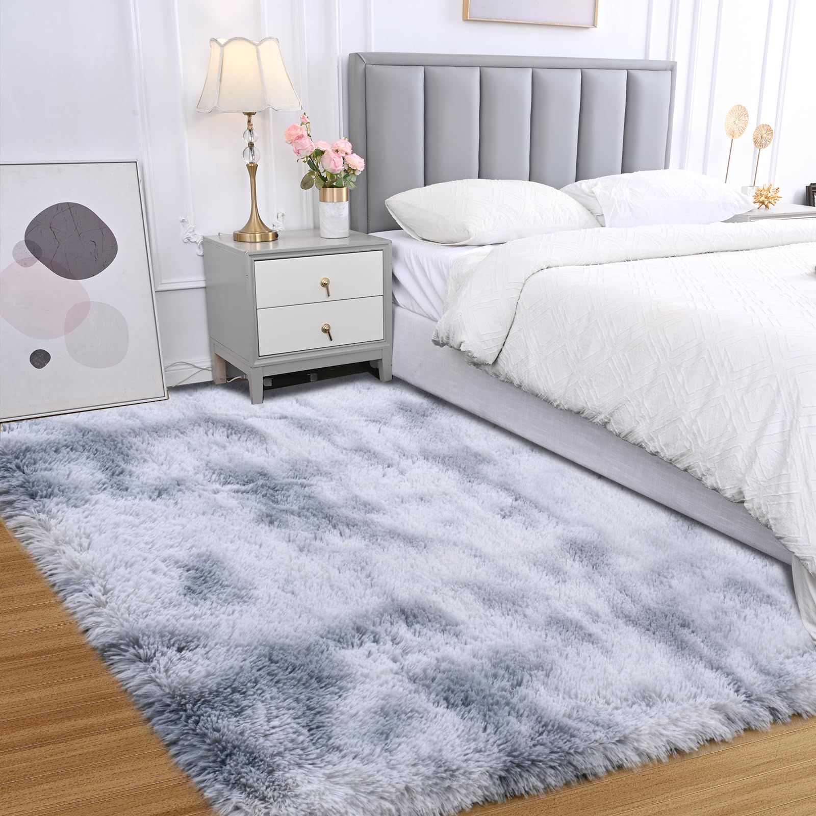 Photo 1 of Fluffy Area Rug for Bedroom: Grey Plush Soft Bedside Dorm Area Rug - Small Carpets for Bedroom Kids Room Nursery (Tie-Dyed Light Gray, 3x5Feet)