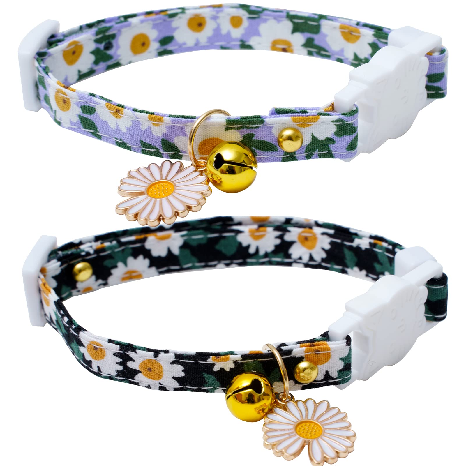 2 Pack Cotton Breakaway Cat Collars with Bell Daisy Pendant Kitty Kitten Collars Black Blue Collar for Female Girl Cats Male Boy Cats