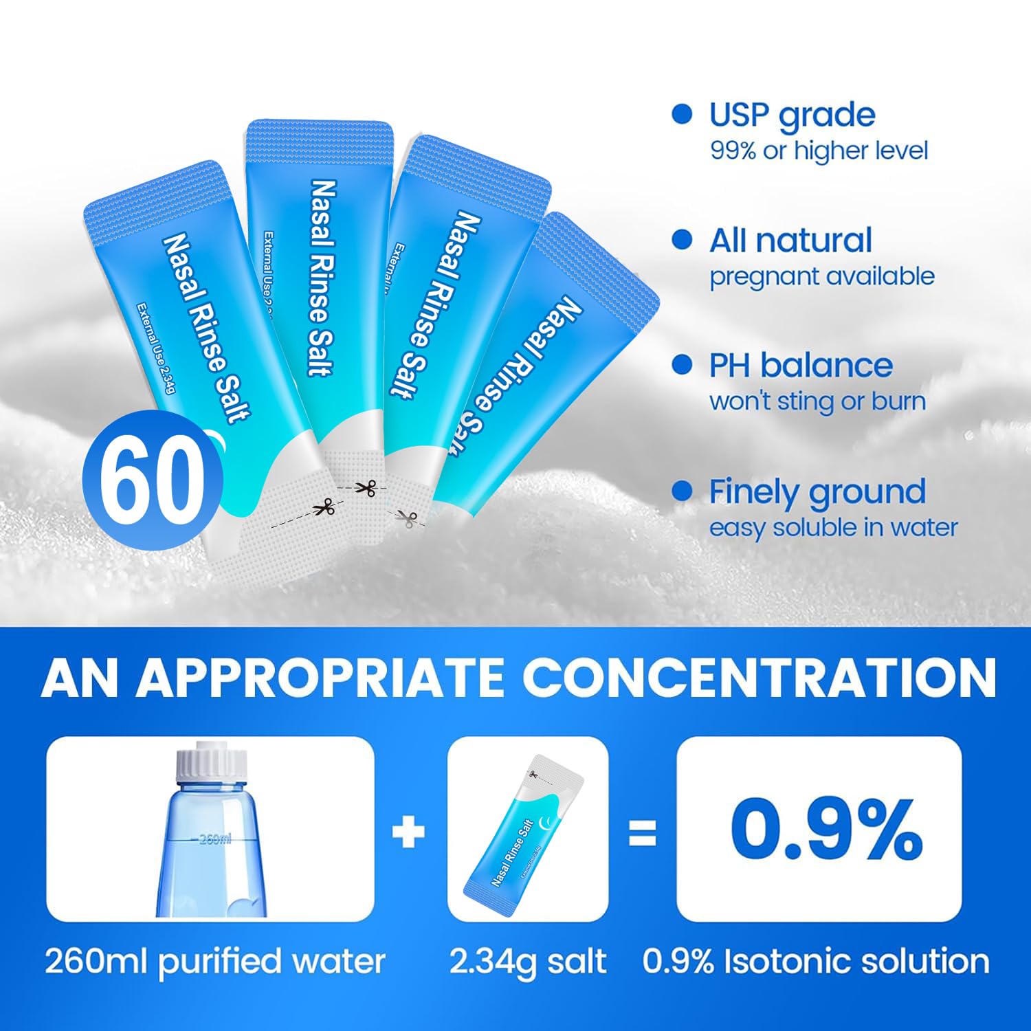 CYOUH Neti Pot Sinus Rinse Bottle 260 ML with 60 Nasal Wash Salt Packets and Sticker Thermometer Nose Wash Cleaner Pressure Rinse Nasal Irrigation for Adult & Kid BPA Free (Blue)