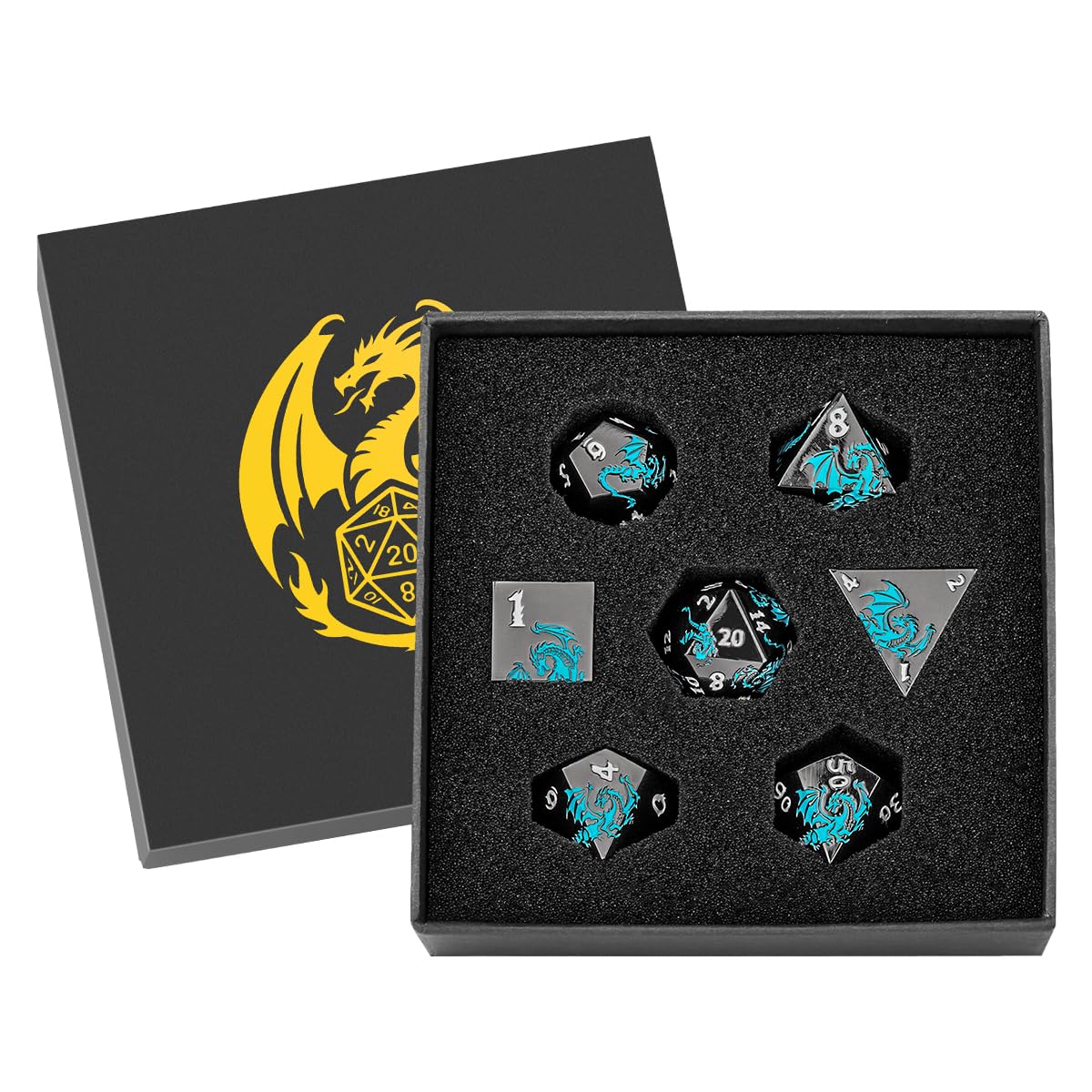Metal Dice Set, Flat Face Black Blue Dragon Pattern, 7pcs Polyhedral Metal DND Dice Set, DND Starter Set, D&D Gifts with Gift Box, Role Playing Board Games Accessories, Black