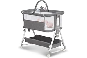 MEICHYUN Baby Bassinet,3 in 1 Bedside Bassinet for Baby with Hanging Toys,Foldable Baby Bassinets Bedside Sleeper,4-Sided Mesh Bedside Crib with Wheels and Storage Basket,6 Height Adjustable (Light Grey)