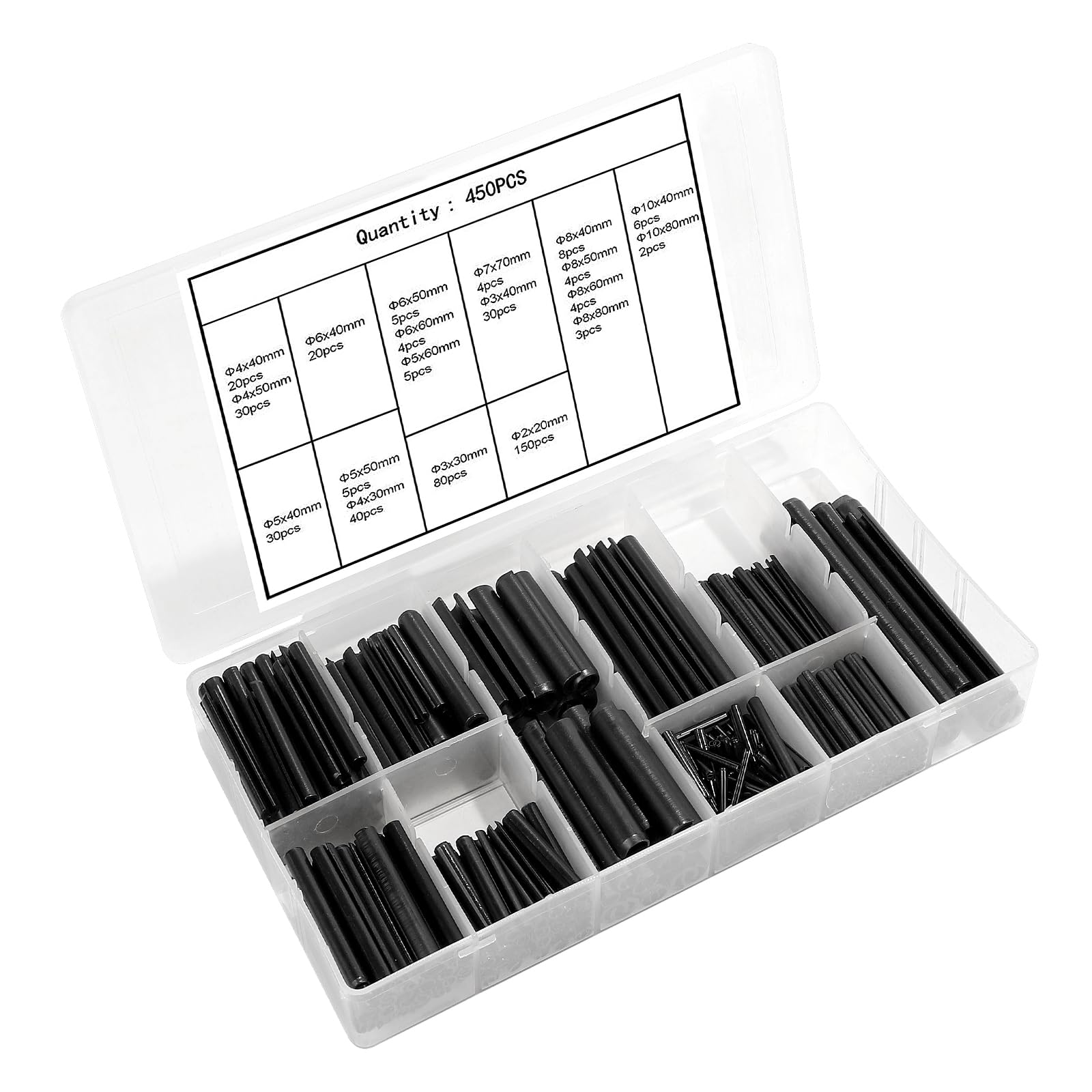 MIGUBIGU Pack of 450 Hollow Spring Pins Retaining Ring, Tension Pin Assortment Black Diameter 2.0-10 mm, Tension Pin Hollow Cotter Pins with Storage Box Made of Plastic, for Positioning Between Parts